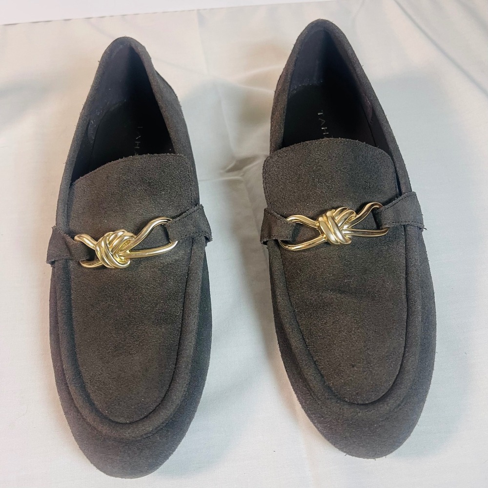 Tahari Trinity Loafers Women 8 Dark Brown Taupe Suede Gold Knot Bit Flats